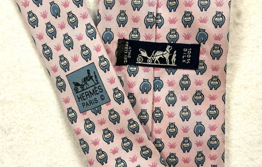 Hermes rare Hippopotamuses Tie 5195 IA pink silk France